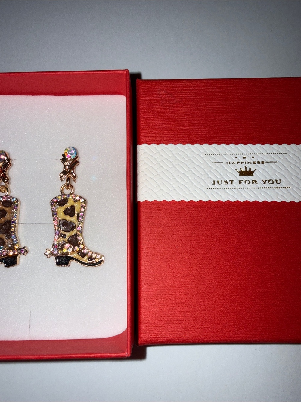 Leopard Print Cowboy Boot Dangle Earrings - Pink and Gold